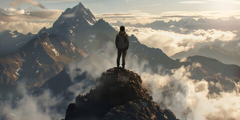 A solitary figure stands on a mountaintop, gazing upward in reverence - obrazy, fototapety, plakaty
