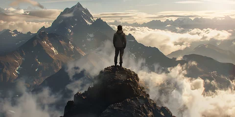 Foto op Plexiglas A solitary figure stands on a mountaintop, gazing upward in reverence © Abderrahman