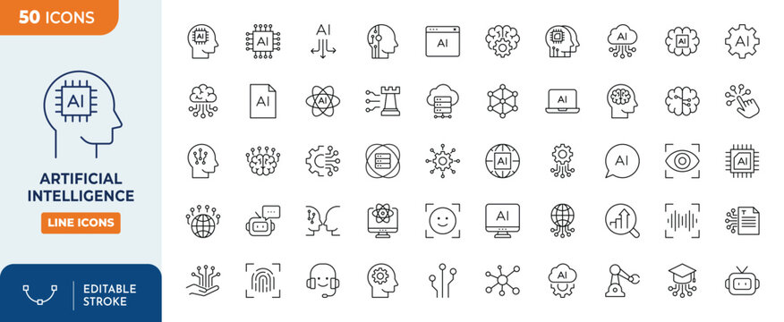 Artificial Intelligence icon set. Outline Icon Collection. Editable stroke. Vector illustration
