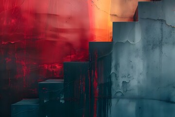An abstract image displaying an interplay of vivid red and calm blue textures, suggesting creative expression.
