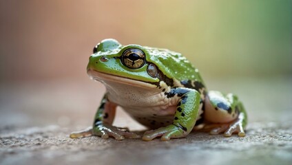 Naklejka premium A majestic green and black frog takes a leap on a february day, embracing its true amphibian nature among the outdoor shrubbery and wildlife