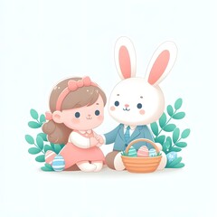 Happy Easter card. Kids postcard design for spring holiday. Cute bunny, fairy rabbit, kawaii fairytale character and child on bicycle with eggs. 