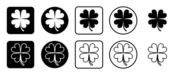 Icon set of four-leaf clover symbol. Filled, outline, black and white icons set, flat style.  Vector illustration on white background