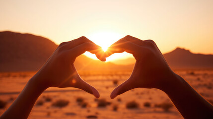 Showing heart-shaped hand gesture on a blurred sunset background