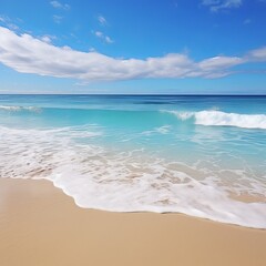 Fototapeta na wymiar Beach with sky and clouds. Beautiful sandy beach and soft blue ocean waves.