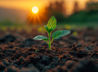 Young plant growing on the soil with morning sunlight