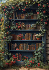 Old books are stacked in the garden