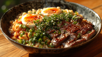 Bowl of ramen with beef egg and green onions