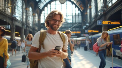 Cheerful bearded man with a warm smile looking at his smartphone while waiting at the train station