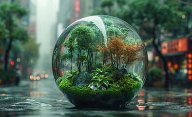 Small city in glass ball. Green ball filled with plants in front of a city street