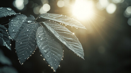 A leaf with dew and sunlight, sparkling, radiant, detailed, morning dew, sun rays, DSLR. Macro...
