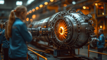 Fototapeta premium Female workers stand in front of gas turbine