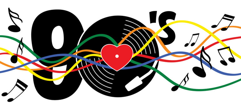 Musical notes stave line pattern symbol icon for staff and music note wave melody I love the years 90's or nineties. Peace love music. year with love heart symbol. 1990 or 90s style.