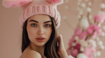 beautiful model wearing a chic bunny cap, contemporary and stylish publications and designs related to Easter