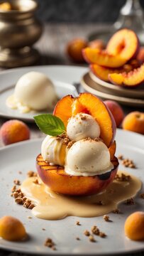 Create a stunning 8K ultra-realistic food photograph featuring a Grilled peach with vanilla ice cream crafted in molecular kitchen style, beautifully decorated with intricate details.
