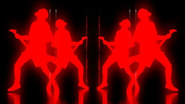 Rock guitarists mirrored between neon red lines on black background, hard rock stage seamless VJ loop