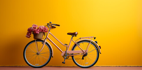 Yellow bicycle with flowers parked next to a yellow wall. Yellow tone.