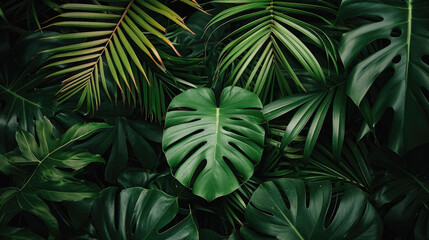 Tropical leaves background. Green nature concept. Flat lay .