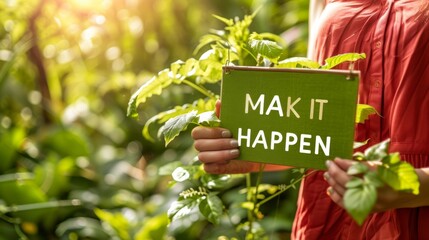 Motivational concept  woman holding  make it happen  sign for success on abstract blurry background.