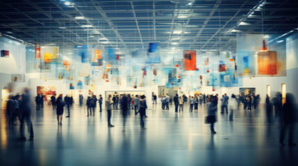 People in an art gallery at a contemporary art exhibition. Blurred background - obrazy, fototapety, plakaty