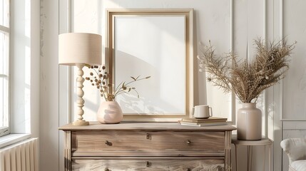 A mockup poster blank frame on a retro chest drawer, adorned with a dried flower arrangement and minimalist lamp, in light and airy pastels