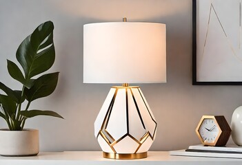 a table lamp and a potted plant sitting on a dresser  - obrazy, fototapety, plakaty
