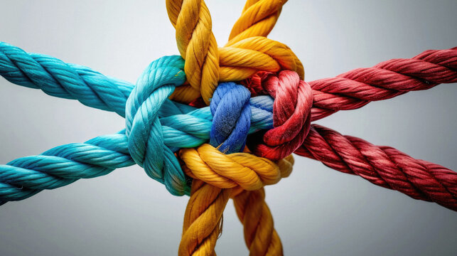 Multicolored rope knot on white background. Close up. Selective focus .