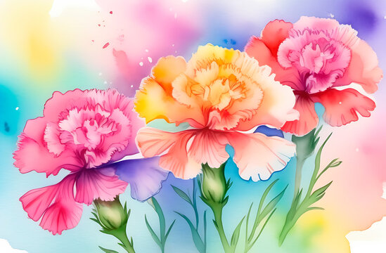 Rainbow carnations in watercolor style