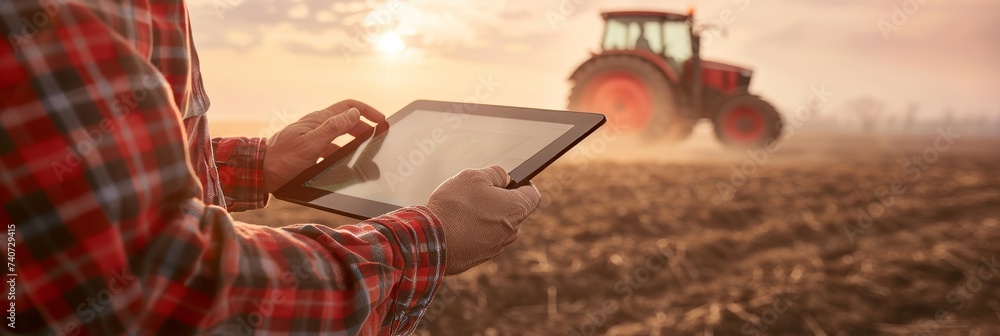 Poster farmer s hands using tablet in field, tractor and farm in blurred background with copy space.