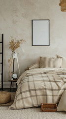 Interior of modern bedroom in scandinavian style with mock up poster frame