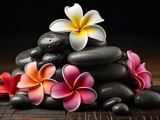 Fototapeta na wymiar A flower on a screen with a background of black stones