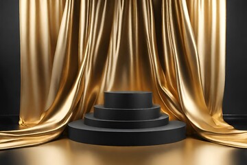 Gold podium background product silk luxury black 3d golden display fabric abstract premium stage. Background elegant studio gold pedestal podium presentation cloth backdrop design