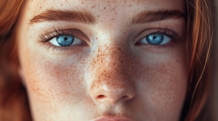 Close up portrait of a beautiful girl with freckles and blue eyes.