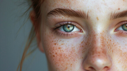 Close up portrait of freckled redhead girl with freckles.