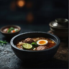 A Symphony of Flavors: Asian Meatball Noodle Soup is the title from this picture. The foreground bowl contains a clear, steaming broth filled with succulent meatballs, tofu, and shredded vegetables.