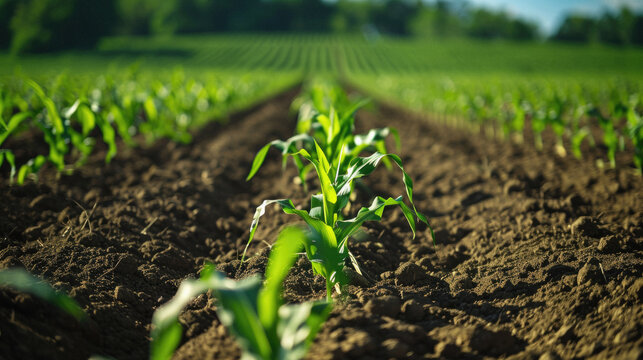 Young green corn growing on the field. Agricultural landscape. Close-up .