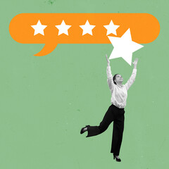 Young woman, customer support operator putting star to her rating, symbolizing good work....