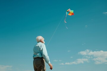Senior man flying a kite in a clear blue sky, representing freedom, retirement, and the joy of simplicity