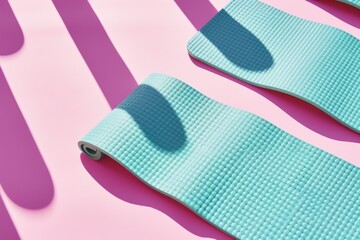 Yoga mats on a vibrant pink and blue striped background, illustrating a fresh and energetic fitness setting