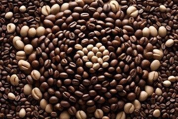 a flower created from coffee beans and in the middle a cup of coffee, directly above view, realistic photo 3d
