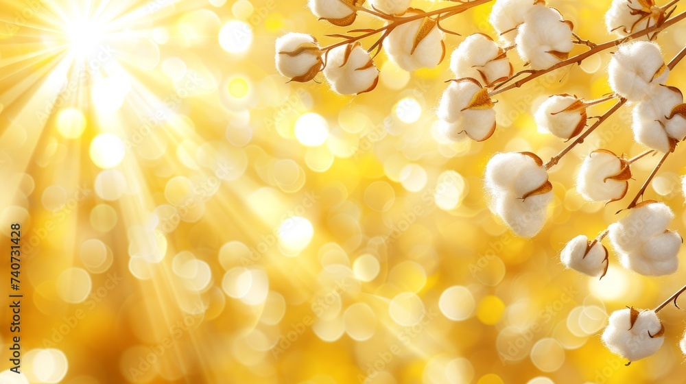 Poster cotton balls closeup on branch in sunshine rays on summer field with copy space for text