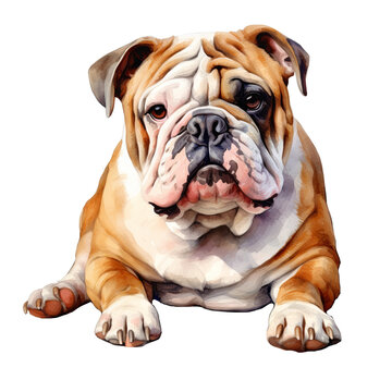 A lying English bulldog watercolor clipart illustration on transparent background
