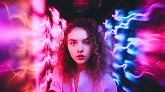 Portrait of a beautiful girl, against a background of motion blurred light