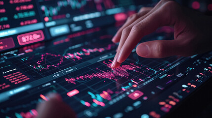Close up of female hand touching screen with forex chart. Stock market concept