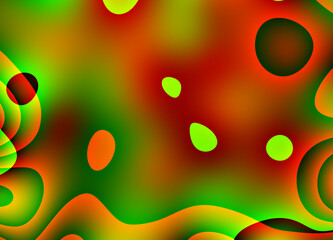 Nowoczesna ilustracja z falistymi i owalnymi kształtami w żywej zielono czerwonej kolorystyce z efektem gradientu - abstrakcyjne tło