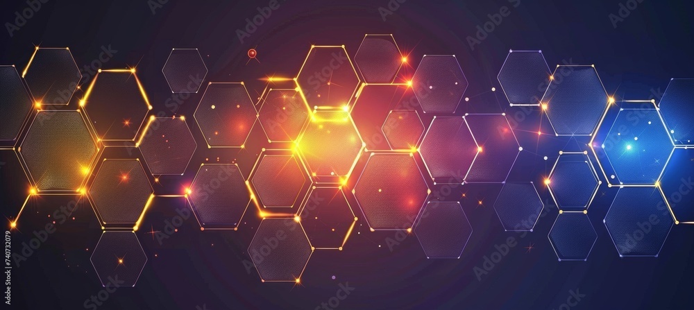 Poster glowing neon hexagons on dark backdrop, ideal for modern design projects and creative concepts.