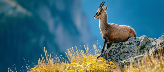 A goatantelope is perched atop a rugged hill in a natural landscape, surrounded by grasslands and a fawncolored chamois, with an electric blue sky overhead
