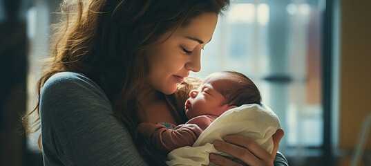 Parenting and new life concept. Mother holding newborn baby boy in her arms in hospital - obrazy, fototapety, plakaty