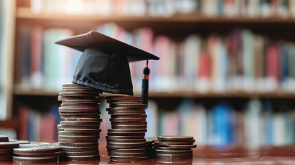 Graduation cap with stack of coins on bookshelf background, education and finance concept