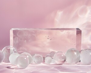 A pink-hued transparent block surrounded by whimsical bubbles on a soft backdrop, creating a serene and magical display